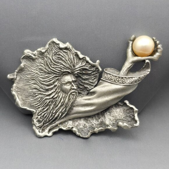Vintage JJ Wizard Brooch 3.5"x2.5" Pewter Tone Imitation Pearl Crystal Ball - Picture 1 of 8